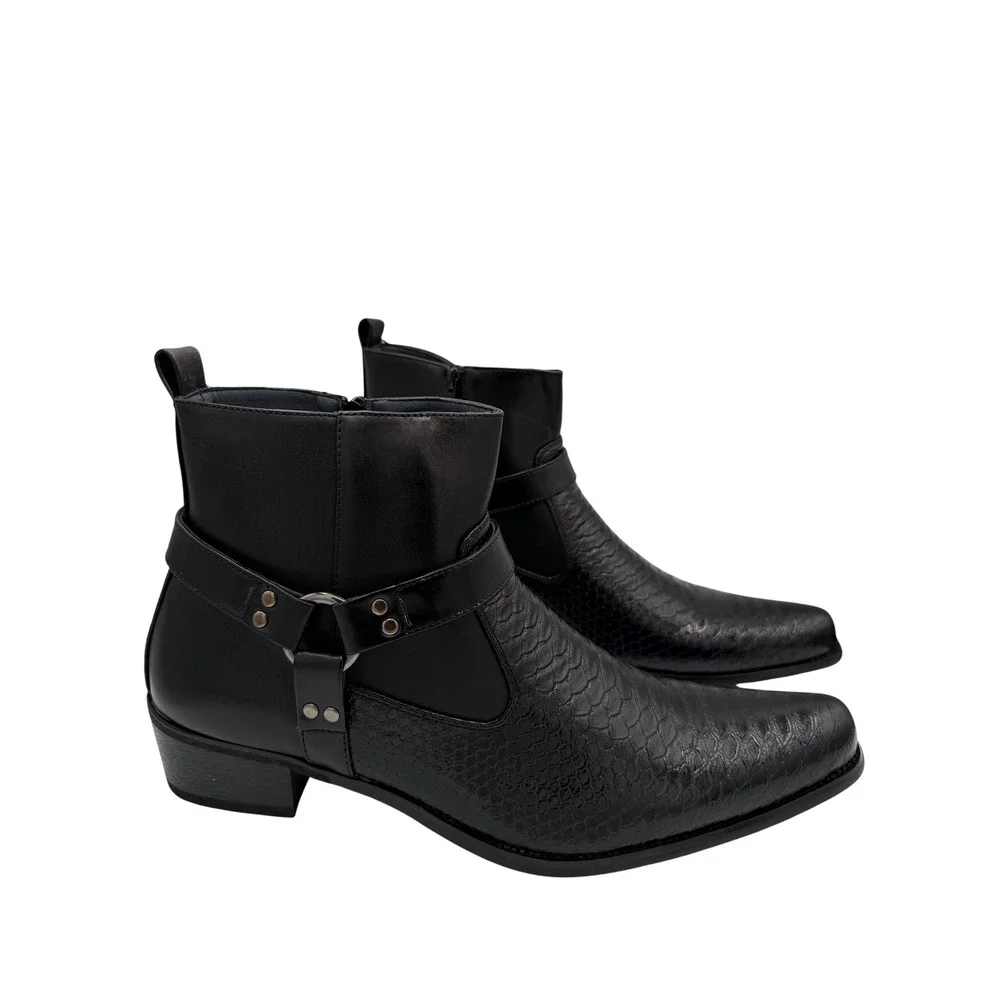 Alberto Fellini Men Black Snakeskin Texture Harness Ankle Boots Side Zip Size 13